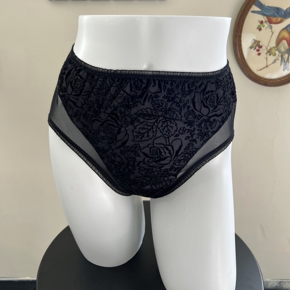 Vintage Warner's Black Velvet Rose Flock Sheer Panties Size Medium
